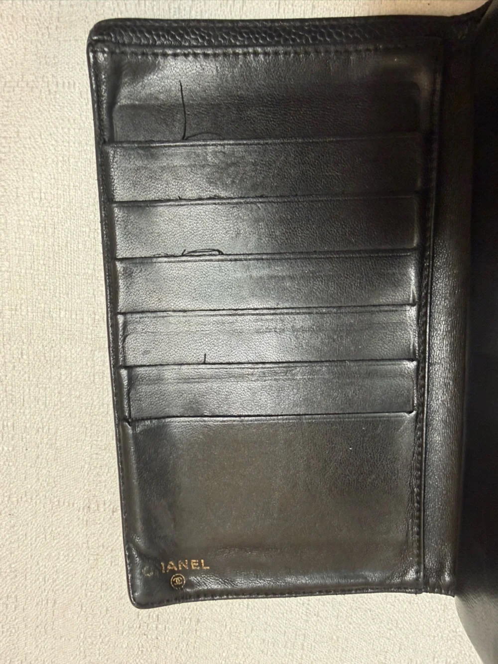 Chanel Vintage Black Caviar Leather CC Logo Long Wallet Clutch Gold tone